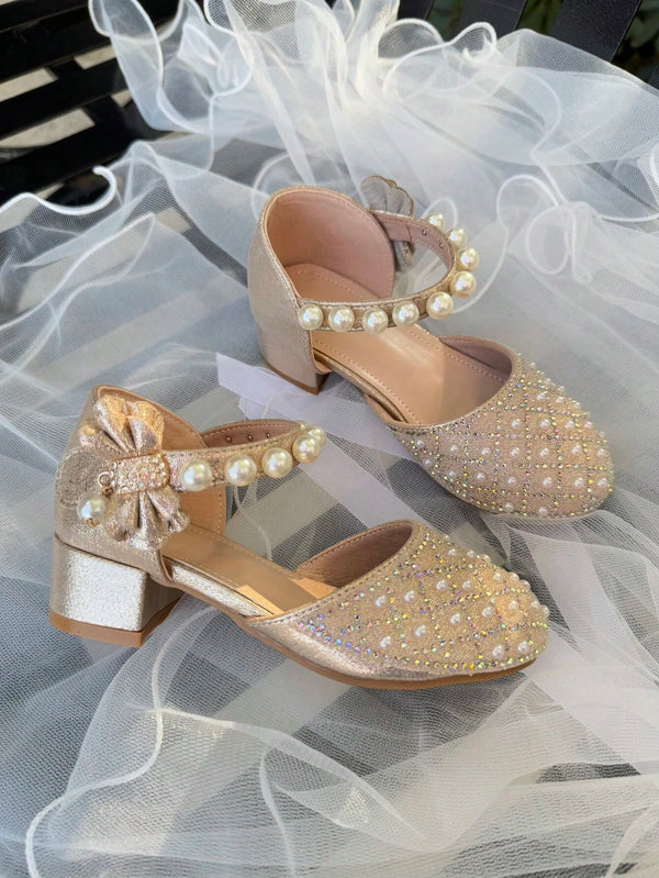 1 Pair Girls Fashion Elegant Bow & Pearl Rhinestone Decor High Heel