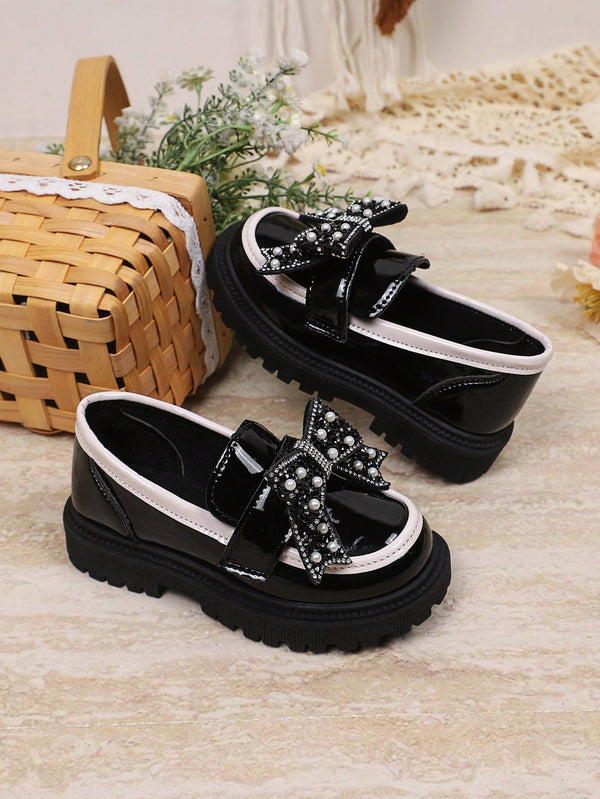 1 Pair New Fashion Cute Bowknot PU Pearl Hook & Loop Non-Slip Durable Girls Shoes