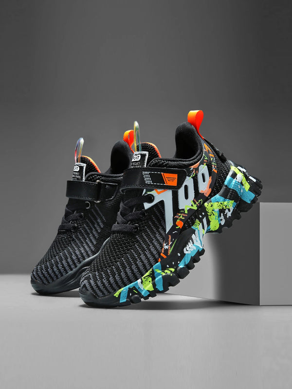 1pair Boys' Knitted Sports Shoes With Letter Pattern And Closure