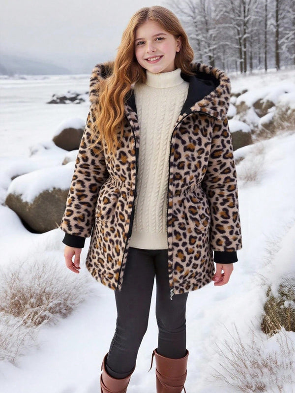 1pc Girls' Leopard Print Reversible Fluffy Long Sleeve Windbreaker Jacket