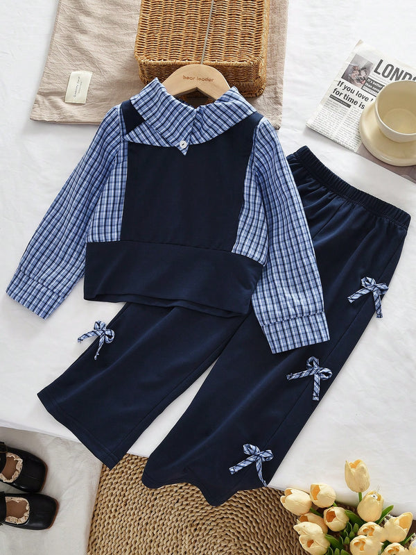 Young Girls Fall Irregular Splicing Lapel Plaid Long Sleeves Tops And Cute Bow Pants