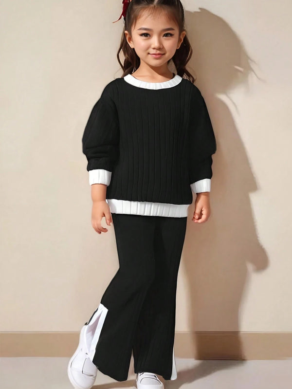 Girls Ribbed Brushed Patchwork Long Sleeve Top And Pants