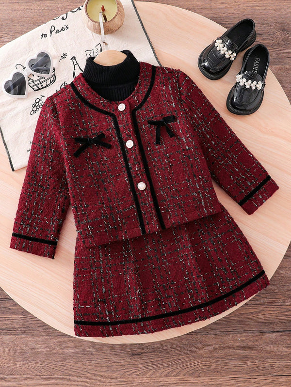 Girls' Round Neck Long Sleeve Purple & Plaid Bow Decor T-Shirt + Purple & Plaid Skirt