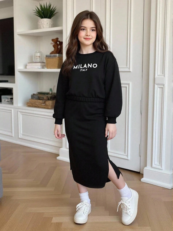 Toddler Girls' Casual Letter Print Long Sleeve Cropped Top + Side Slit Maxi Skirt Set