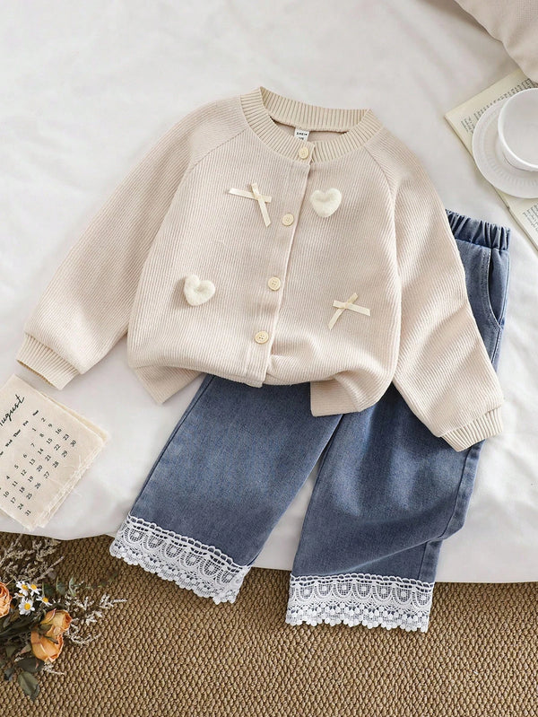 Jacquard Knit Heart & Bow Decor Long Sleeve Cardigan Jacket Paired With Patchwork Lace Trim Denim Pants Set