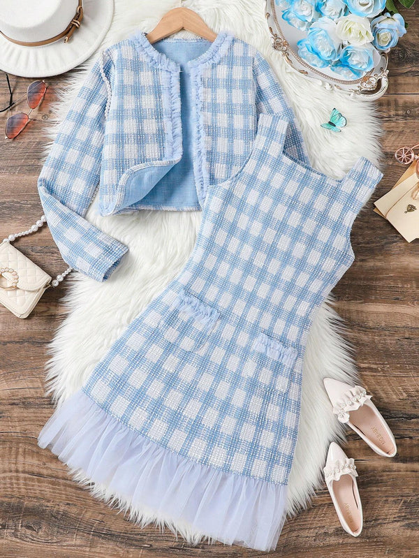 Tween Girls Plaid Jacket And Mesh Inset A-Line Dress Outfit