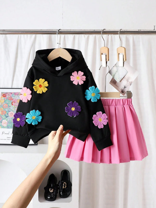 Young Girl Adorable 3D Flower Hoodie Sweatshirt And Pleated Skirt Set