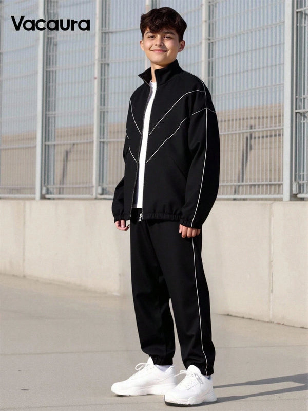 Teen Boys Sports Casual White Stripe Black Jacket And Drawstring Pants