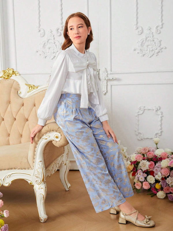 2pcs Teenage Girls Elegant White Puffy Sleeve Bow Shirt And High Waist Pleated Texture Wide Leg Pants