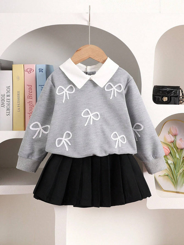 Young Girl Fashion Bow Embroidery Collar Long Sleeve Top And Pleated Skirt Set