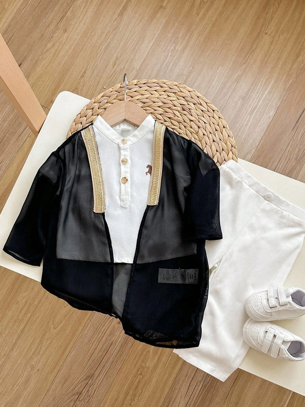3pcs Baby Boy Summer Casual Elegant Black Mid-Length Robe, Including White Collared Short Sleeve Shirt And White Casual Pants