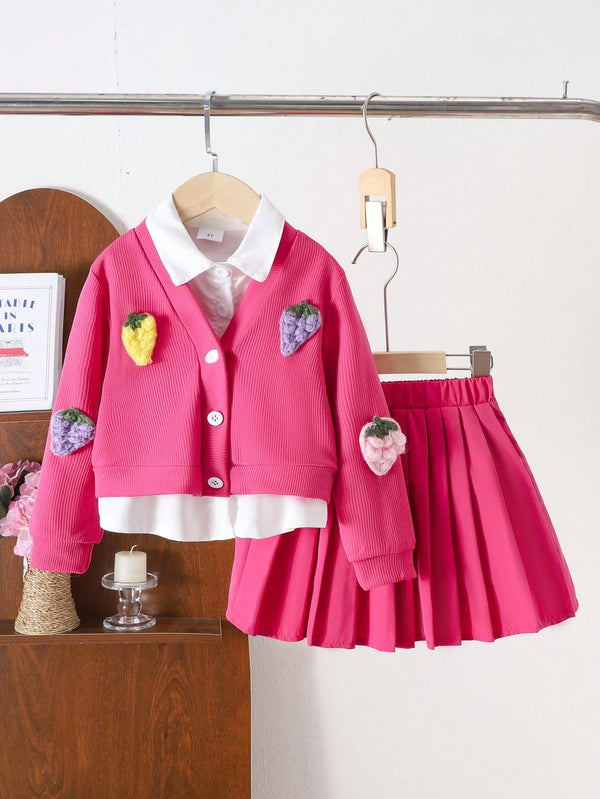 Girls Cute Strawberry Embroidery Cardigan, Solid Color Long Sleeve Shirt And Pleated Skirt Set