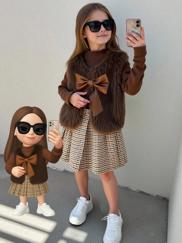 Elegant Faux Fur Bow Vest, Round Neck T-Shirt, Plaid Skirt Set Girls Brown Fur Vest
