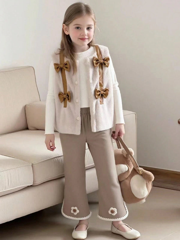 3pcs Girls Toddler Set: Ribbed Crew Neck Long Sleeve Top, Faux Fur Trim Bow Vest, And Corduroy Flared Pants