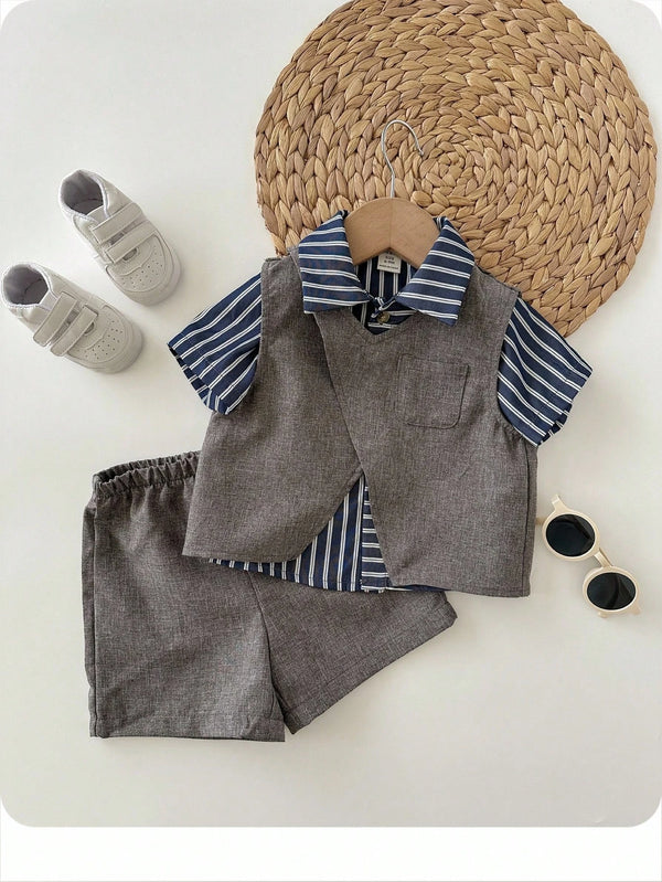 3pcs/Set Baby Boy Casual Gentleman Outfit, Grey Vest With Elastic Waist Shorts