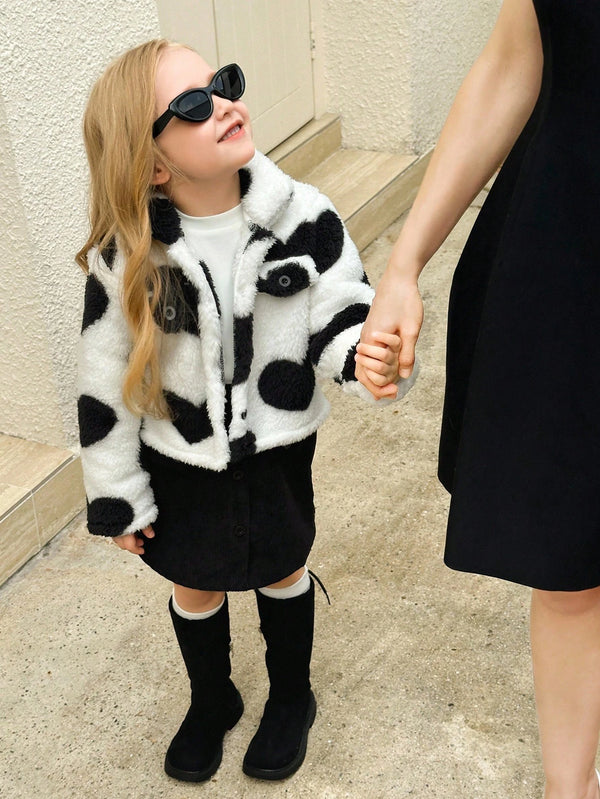 New Knitted Long Sleeve T-Shirt, Fluffy Heart Print Stand Collar Long Sleeve Cardigan, Corduroy Skirt