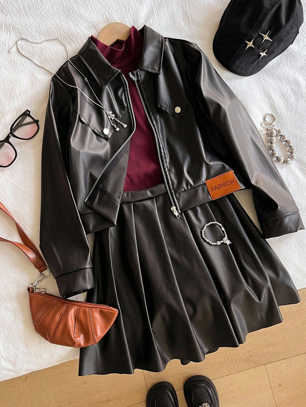 Tween Girls Sweet & Cool Style Outfit, Includes PU Leather Jacket With Silver Buttons