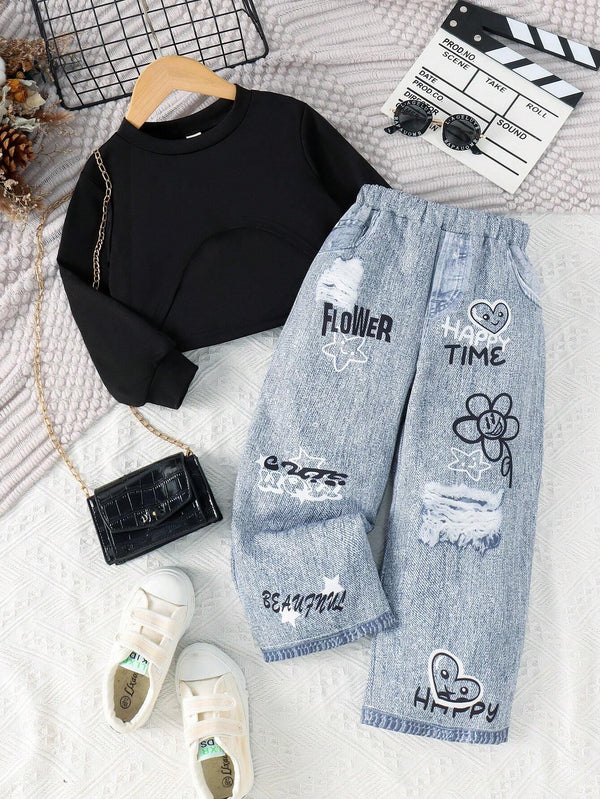 Young Girl' Fashion Long Sleeve Pullover, Camisole, And Denim Effect Pants Set