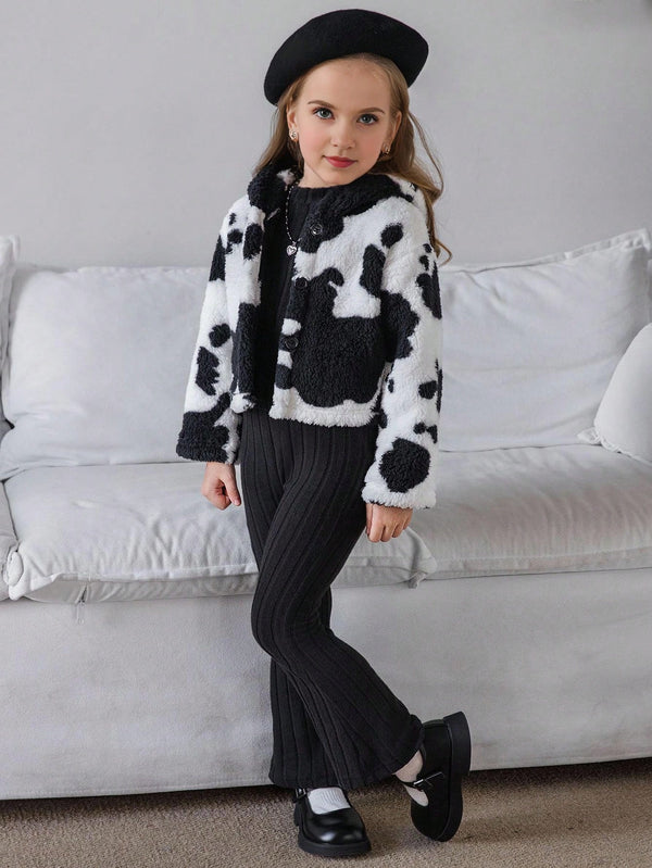 Young Girls Casual Long Sleeve Black & White Cow Print Fleece Hooded Jacket