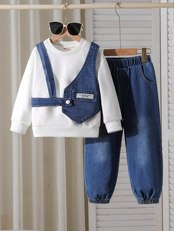 Young Boy Casual Set: Solid Color Sweatshirt + Loose Fit Jeans + Stylish Denim Vest