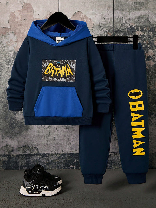 Young Boy Cartoon Bat Print Contrast Color Pocket Hooded Sweatshirt And Pants