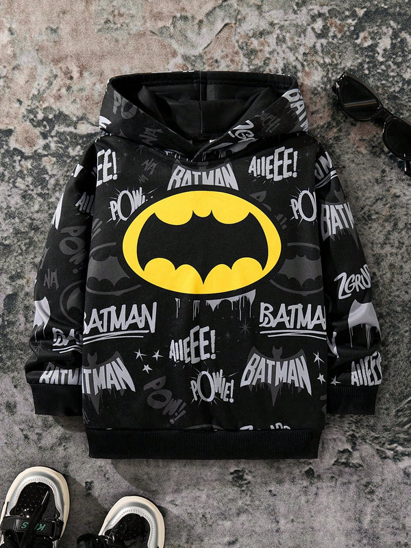 Young Boy Streetwear Casual Sports Loose Fit Bat Graphic Letter Print Hooded Sweatshirt