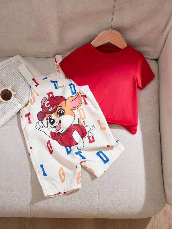 Baby Boy Cute Puppy Pattern Print Bib Overalls Set With Blue T-Shirt