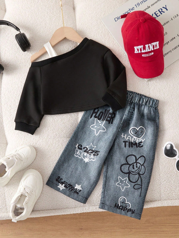 Oblique Shoulder Long Sleeve Sweatshirt And Pants