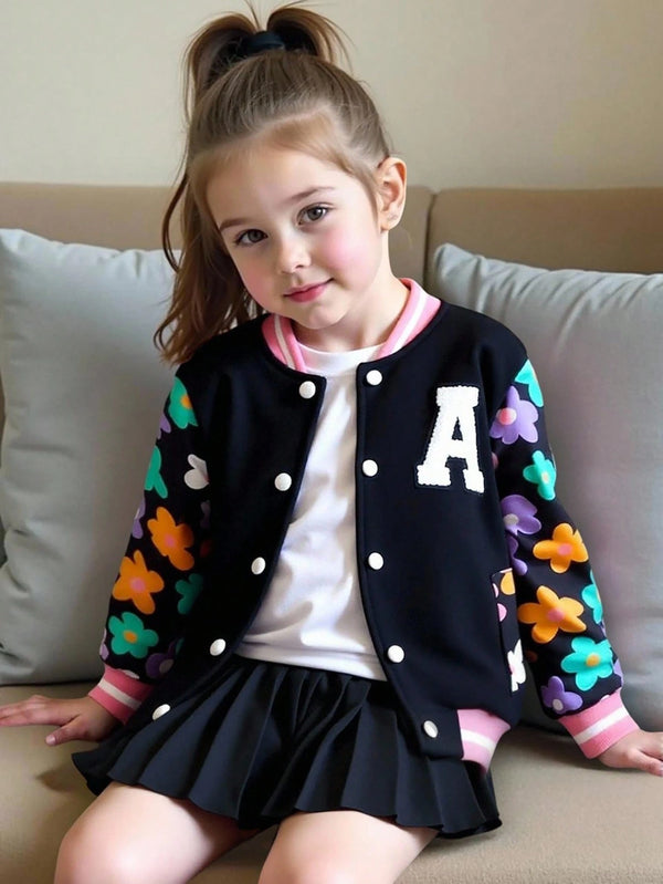Young Girl Cute Floral Sleeve Print Towel Embroidered Patch Bomber Jacket