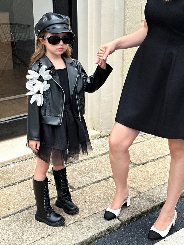 Young Girls Black Stand Collar PU Leather Jacket With Metal Buttons & Oblique Zipper Design