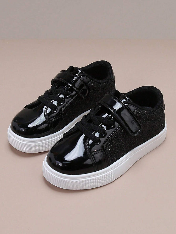 Children's Casual Black Sports Shoes With Sequin Surface And Flat Sole
