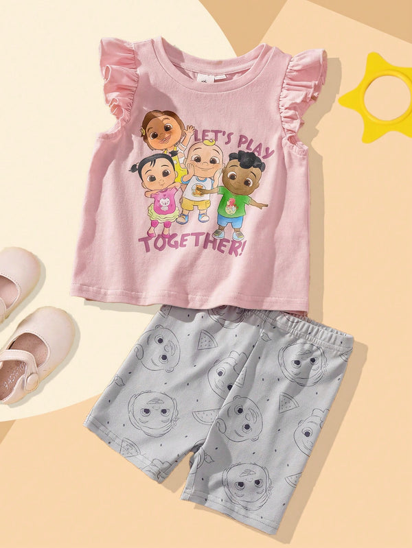 2pcs Baby Girl Cartoon Figure Graphic Knit Round Neck Sleeveless Top And Biker Shorts Set