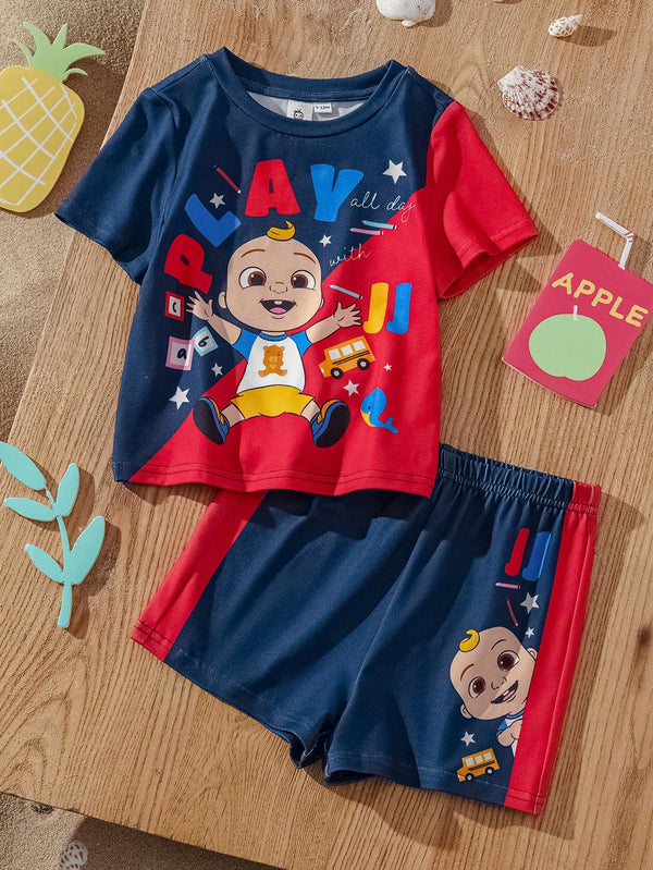 Baby Boy Cartoon Print Short Sleeve T-Shirt & Shorts Casual Sports Outfit