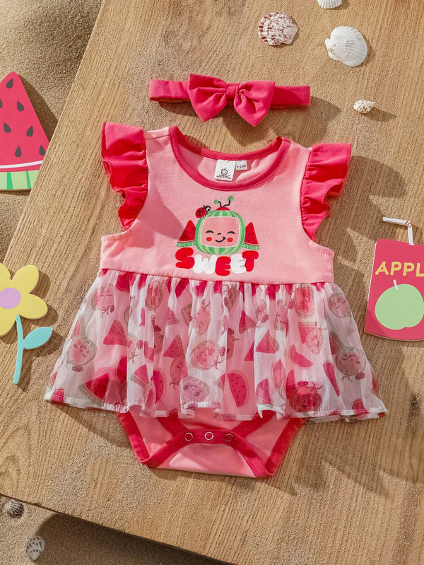 Baby Girl Knit Watermelon Pattern Colorblock Round Neck Cap Sleeve Contrast Mesh Romper With Headband