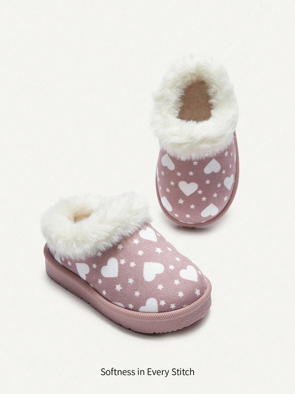 1 Pair Girls' Heart Fashionable Slip-On Warm Lined Winter Slippers