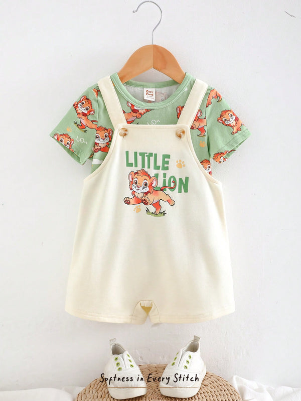Baby Boy Cartoon Animal Pattern Knitted Soft Round Neck Short Sleeve Pullover Top And Elastic Waist Shorts
