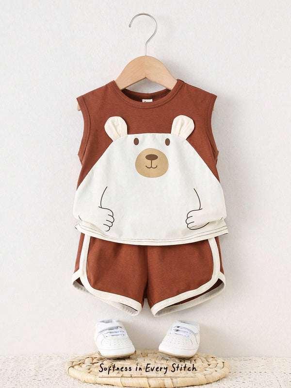 2pcs Baby Boy Cartoon Bear Pattern Splice Round Neck Sleeveless Vest & Elastic Waist Shorts Set