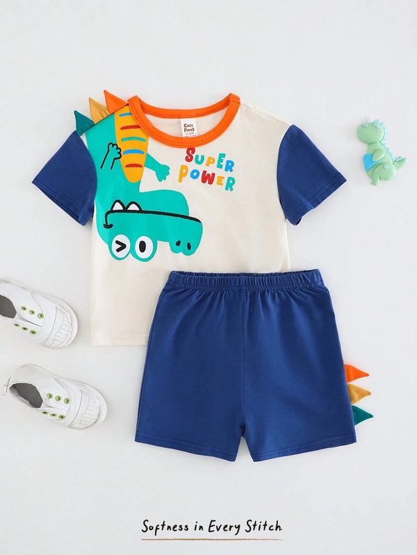 Baby Boy Colorblock Cartoon Dinosaur Knit Soft Crewneck Short Sleeve Top And Elastic Waist Shorts