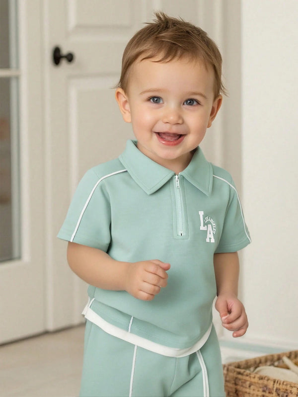 2pcs Baby Boy Contrast Color Polo Collar Short Sleeve Top And Elastic Waist Shorts