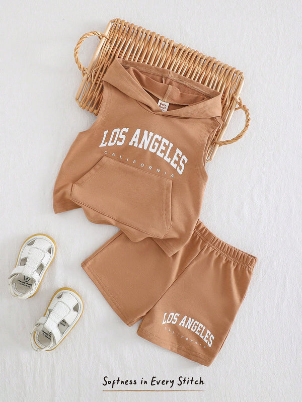 2pcs Baby Boy Letter Pattern Soft Knit Hoodie Vest Top And Elastic Waist Shorts