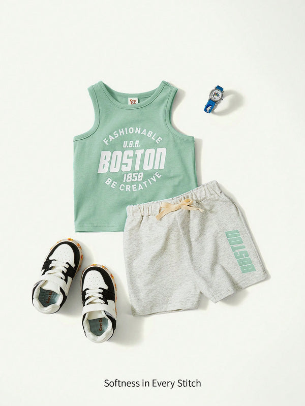 Baby Boy Letter Print Crew Neck Sleeveless Tank Top And Casual Shorts Set