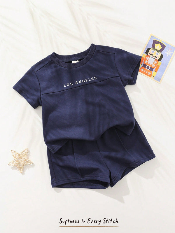2pcs Baby Boy Set: Soft Knit Crew Neck Top With Letter Print And Elastic Waist Shorts