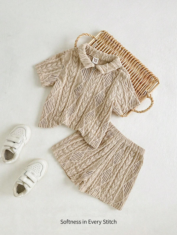 Cozy Pixies 2pcs Baby Boy Unisex Khaki Knit Soft Lapel Short Sleeve Henley Top And Casual Shorts