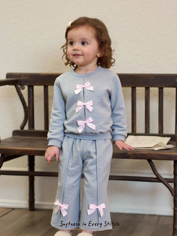 Baby Girl Bow Decor Crew Neck Long Sleeve Sweatshirt And Elastic Waist Pants Set