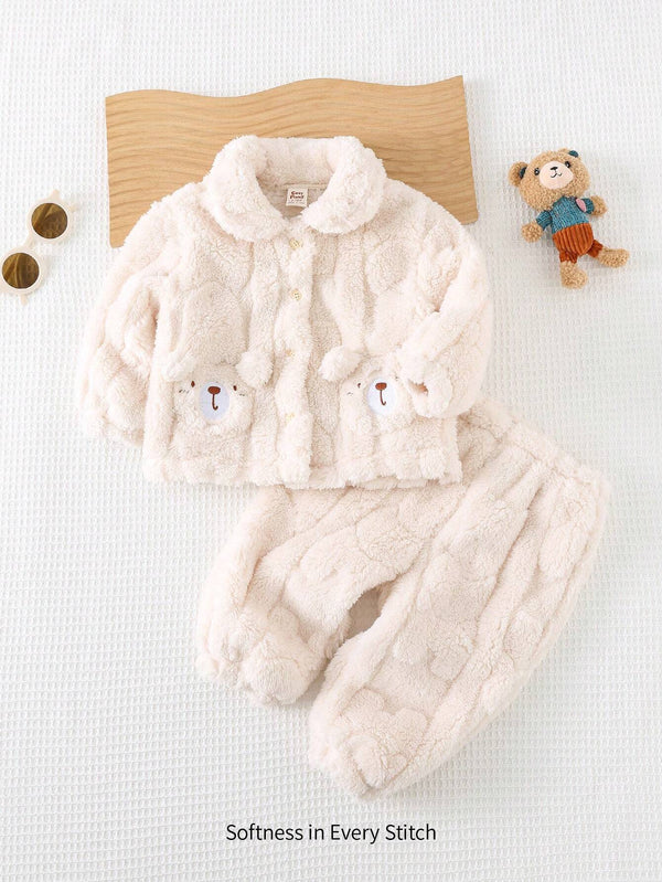 Baby Girl Cartoon Bear Front Pocket Lapel Long Sleeve Cardigan And Pants Set