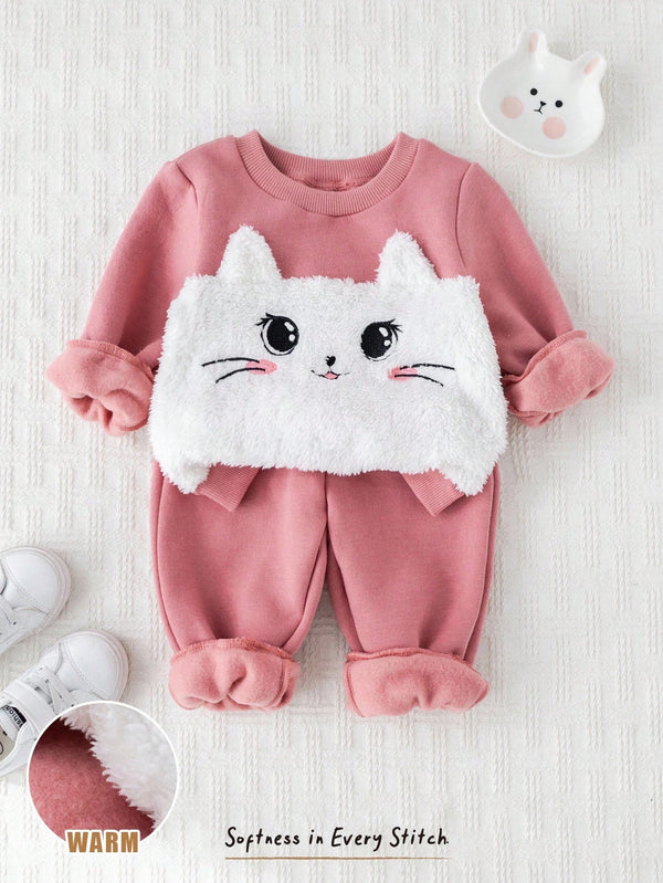 2pcs Baby Girl Cartoon Cat Patchwork Soft Knit Crew Neck Long Sleeve Sweatshirt And Elastic Waist Pants