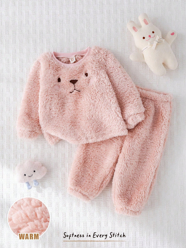 Baby Girl Cartoon Cat Pattern Knitted Soft Crew Neck Long Sleeve Pullover Sweatshirt And Elastic Waist Pants