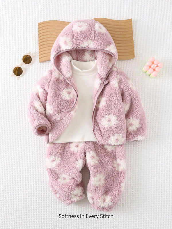 Baby Girl Colorful Floral Print Hooded Thickened Jacket And Casual Pants