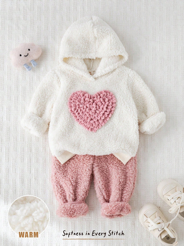 Baby Girl Heart Pattern Thermal Lined Hoodie Sweatshirt And Elastic Waist Pants
