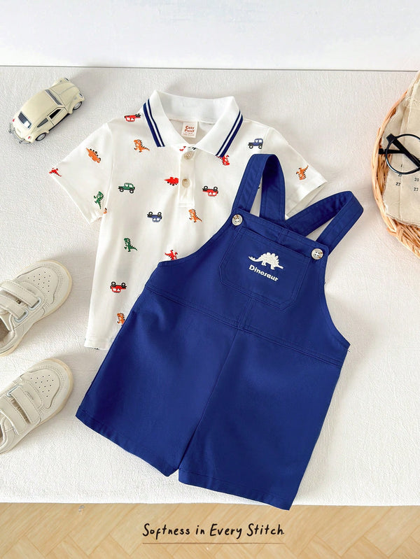 Baby Boy Cartoon Animal Knit Soft Bear Embroidery Bib Overalls & Shorts Set